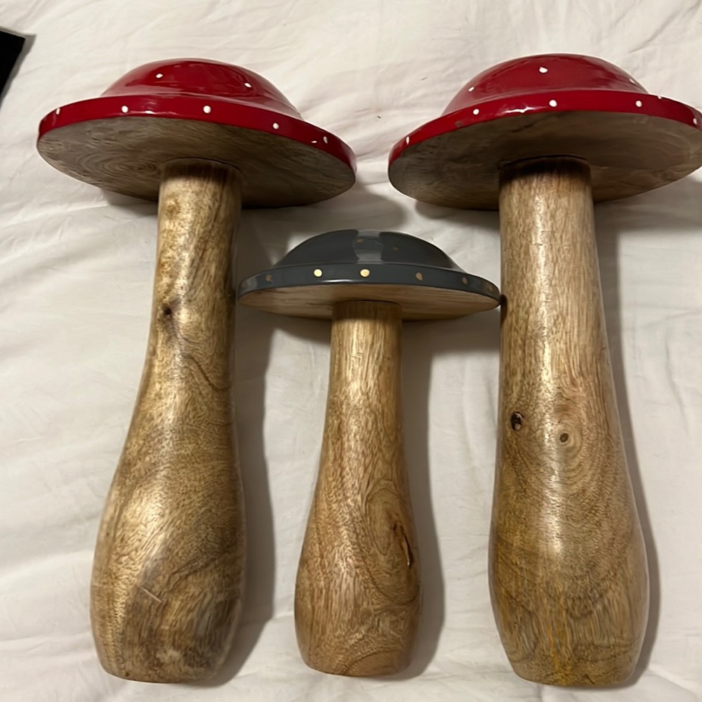 3 wood mushroom decor